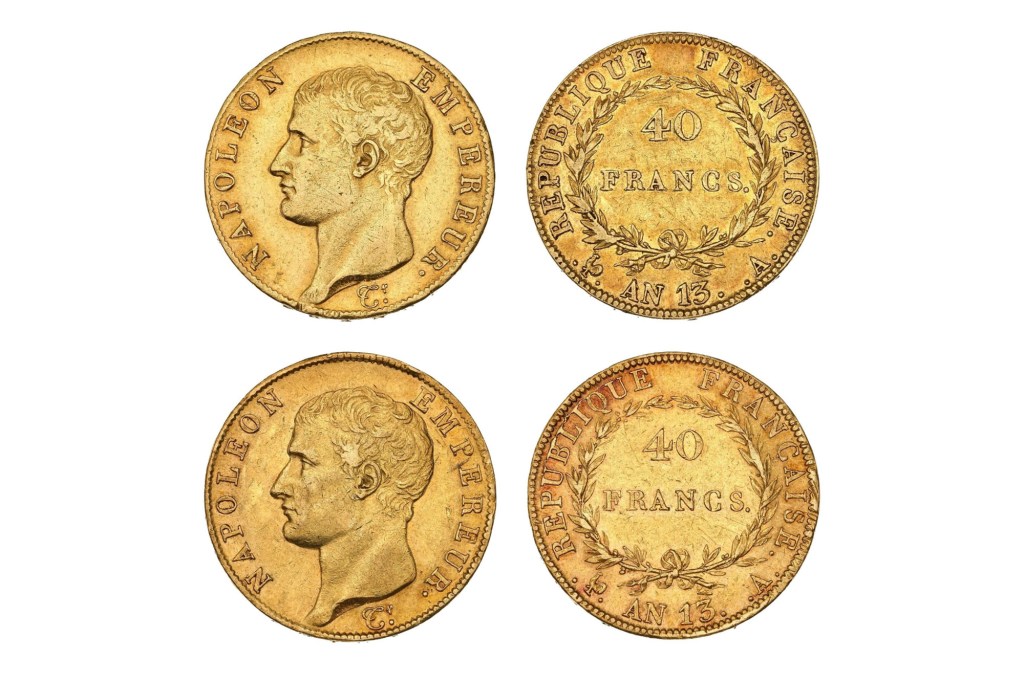 Four gold 40 Franc coins from the First French Empire.